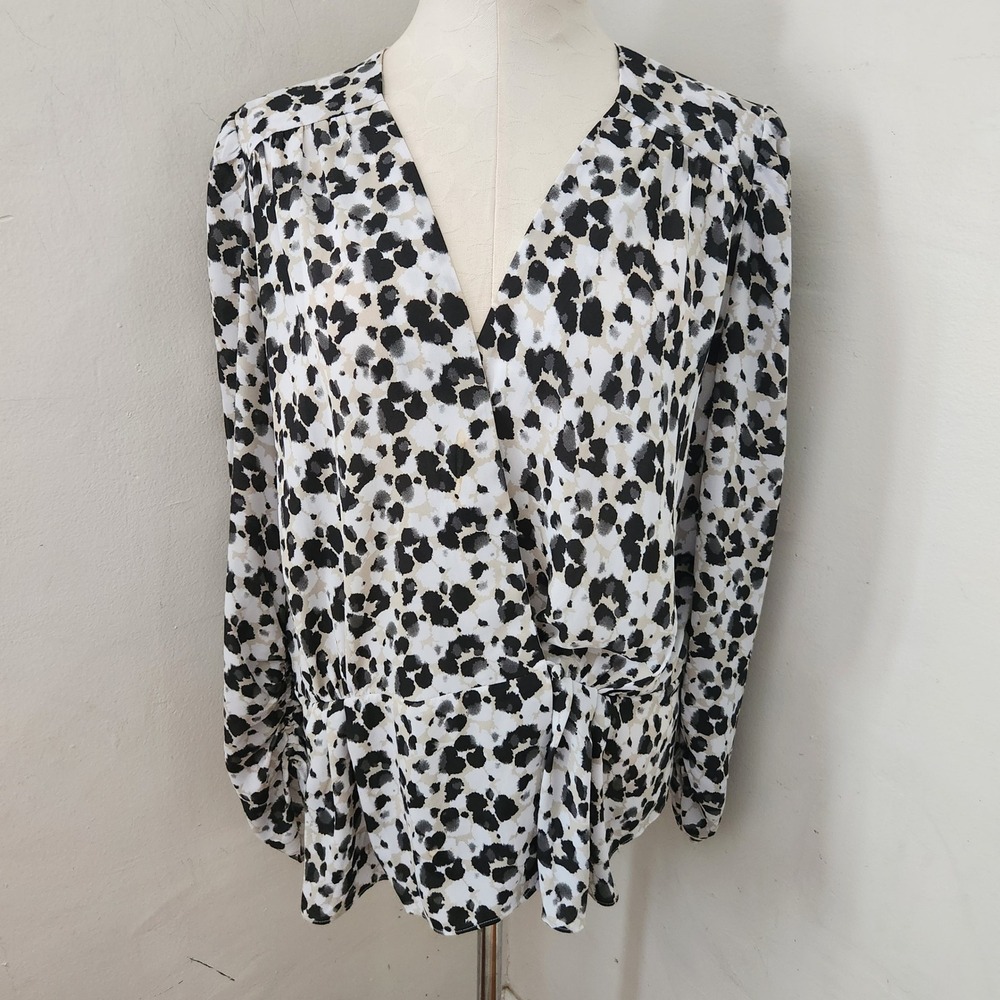 Cabi Leopard Print Surplice Wrap Blouse Black White Tan XL Style 5898